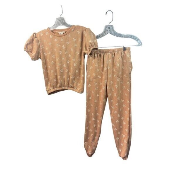 Jessica Simpson 2-Piece Outfit Girls 7/8 Tan Floral Puff Sleeve Top & Jogger Pan - Picture 1 of 12